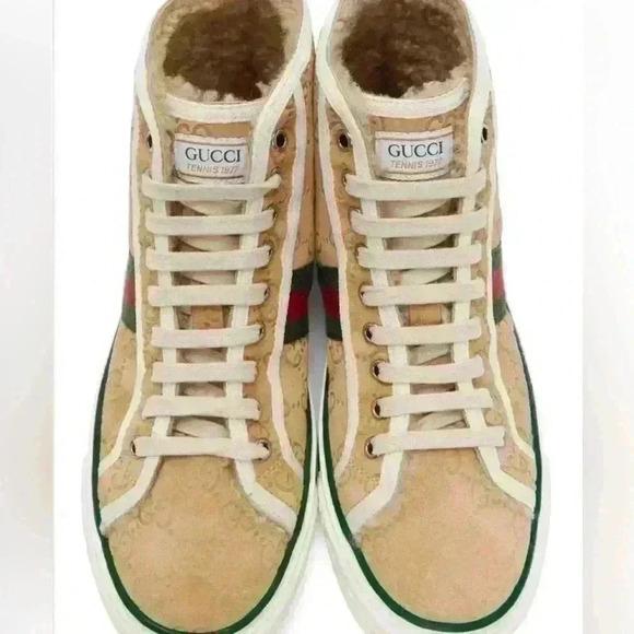 GUCCI Tennis 1977 High Top Sneaker Beige Suede/Shearling AUTHENTIC Size 10 US - Picture 1 of 11